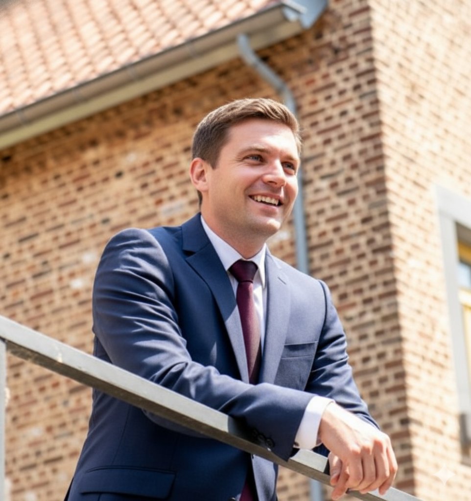 A happy looking person in front of a house
